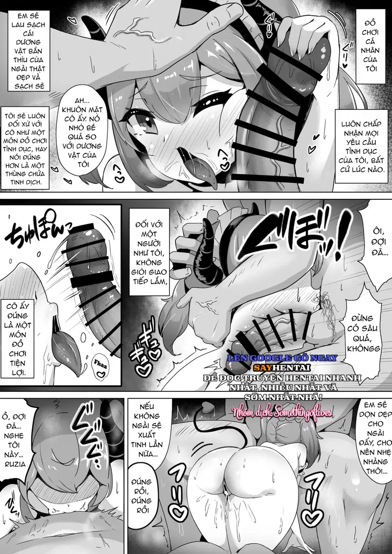Đừng cho succubus ăn. Câu chuyện về việc hút tinh trùng đảo ngược sự khác biệt về thể chất giữa cô hầu gái succubus và chủ nhân của cô ta, biến anh ta thành một kẻ khổ dâm mắc chứng ám ảnh mẫu hệ. - Trang 5