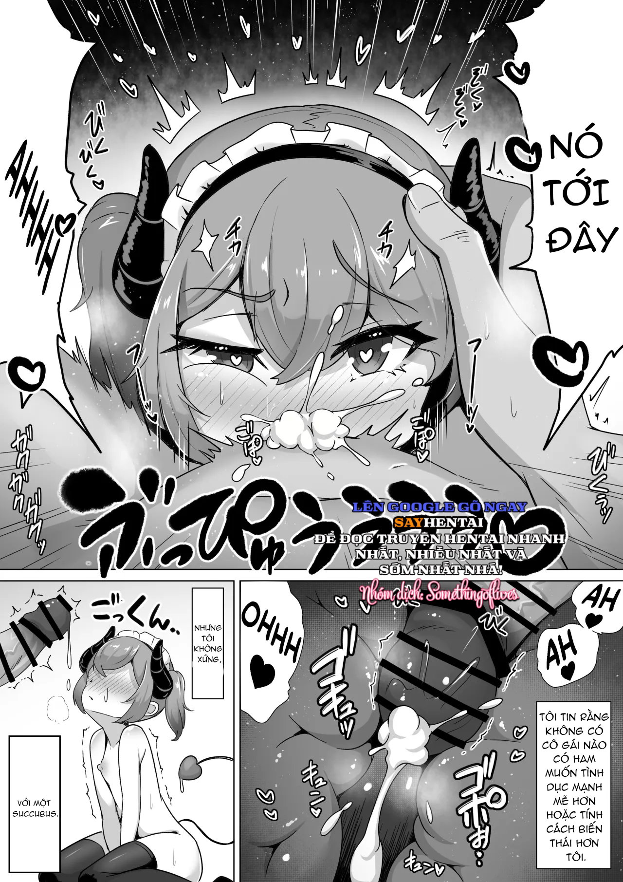 Đừng cho succubus ăn. Câu chuyện về việc hút tinh trùng đảo ngược sự khác biệt về thể chất giữa cô hầu gái succubus và chủ nhân của cô ta, biến anh ta thành một kẻ khổ dâm mắc chứng ám ảnh mẫu hệ. - Trang 7