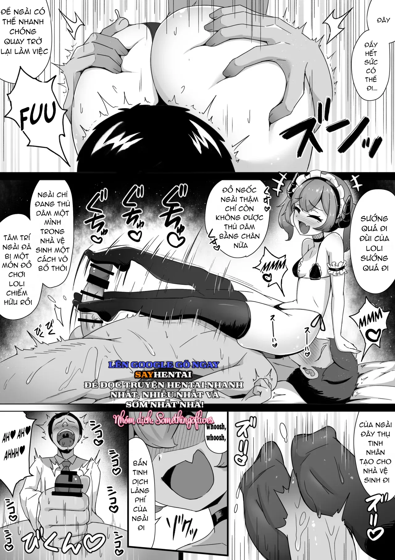 Đừng cho succubus ăn. Câu chuyện về việc hút tinh trùng đảo ngược sự khác biệt về thể chất giữa cô hầu gái succubus và chủ nhân của cô ta, biến anh ta thành một kẻ khổ dâm mắc chứng ám ảnh mẫu hệ. - Trang 13